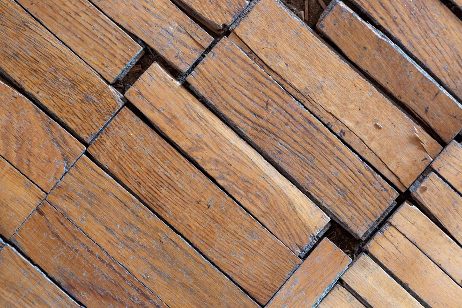 Loose oak parquet blocks lifting out of an old floor, ready for repair